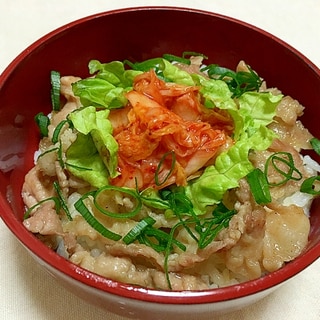 豚こま肉で！ねぎ塩豚キムチ丼♡